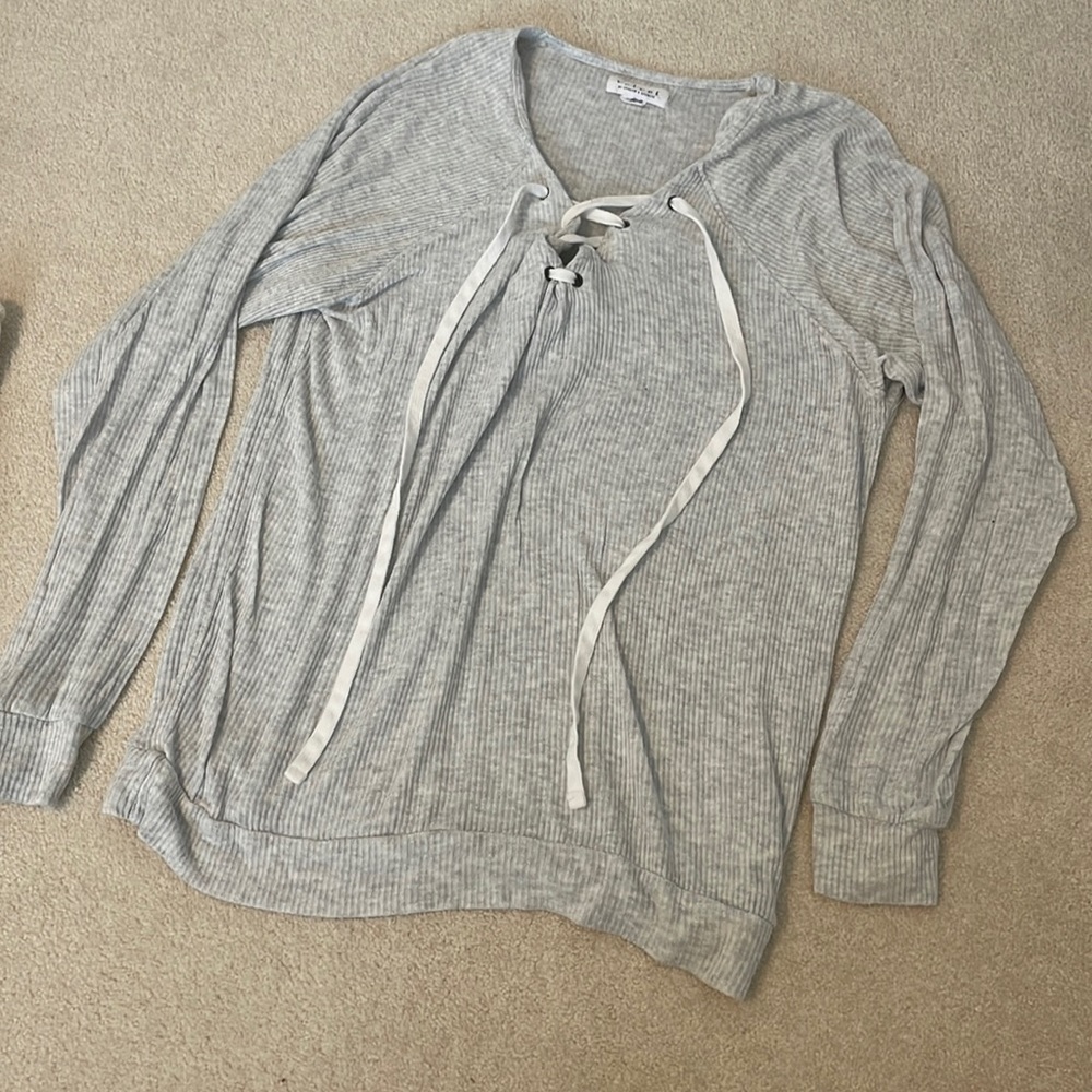 Super soft Long sleeve ribbed grey top with lace up v neck Size M